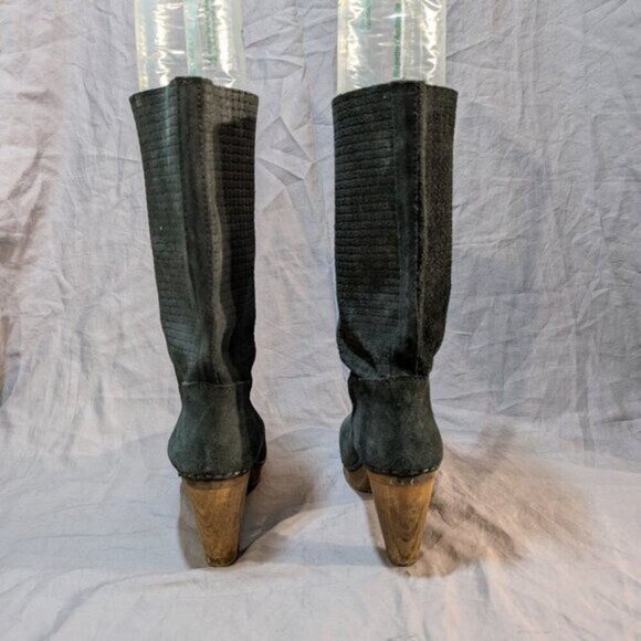 Sanita Black Suede Pattern Mid Calf Wooden Clog Heel Boots Women Size 37 - Picture 9 of 11